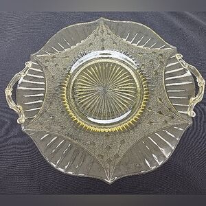 Vintage Cake Platter, Pale Yellow Cut Glass with scrolled handles